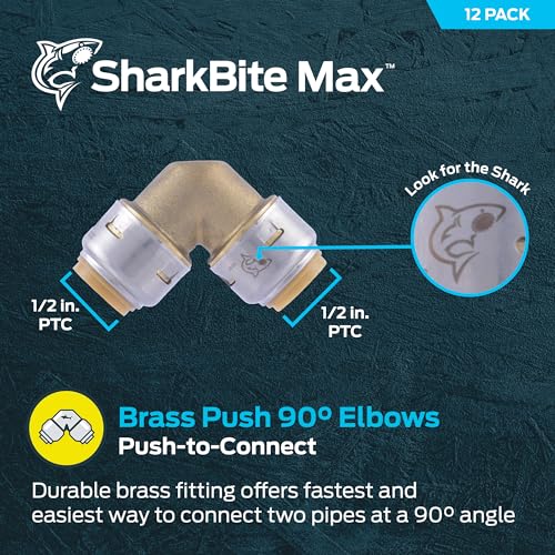 SharkBite Max 1/2 x 1/2 in PTC 90-Degree Elbow, Pack of 12, Push-to-Connect Brass Plumbing Fitting, UR248 - size: 1/2 in., 12 Pack
