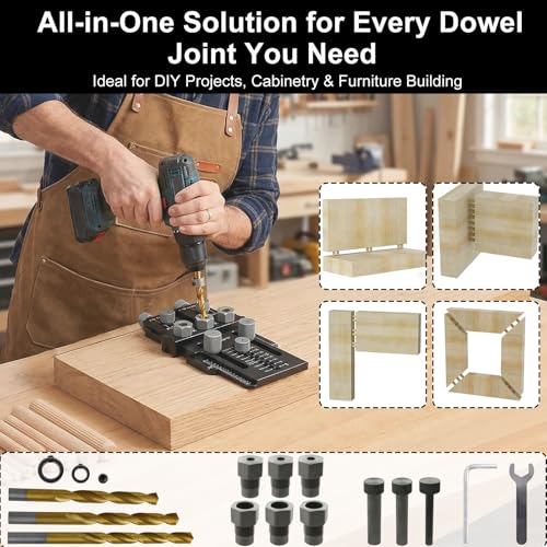 Dowel Jig Kit with Quick Positive Stop and Self-Centering, Doweling Jig for Woodworking, Adjustable and Precise Doweling Jig for Perfect Joints, Ideal for Cabinet, Furniture, and DIY Projects