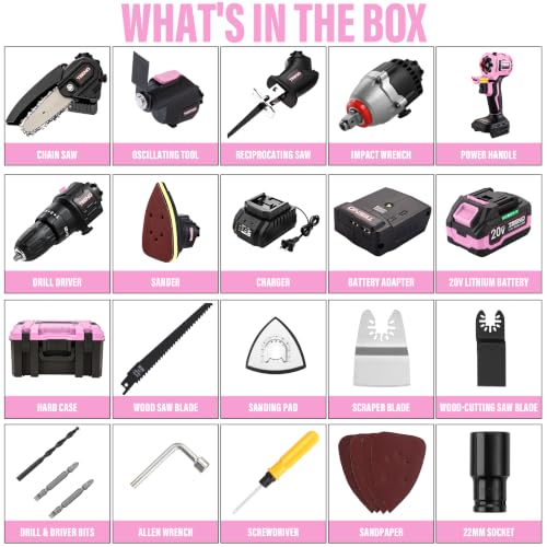 TEENO Brushless Power Tool Combo Kit, 6-in-1 Cordless Interchangeable Multi-Tool Set (Drill, Impact Wrench, Oscillating Tool, Reciprocating & Chain Saws, Sander), 3Ah Battery, USB Adapter & Hard Case - color: Pink