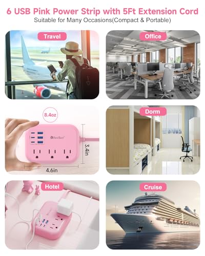 Beeiker 6 USB (3 USB C) Pink Power Strip, 5Ft Extension Cord, 3 Outlets - size: Pink-6 USB 24W-5ft
