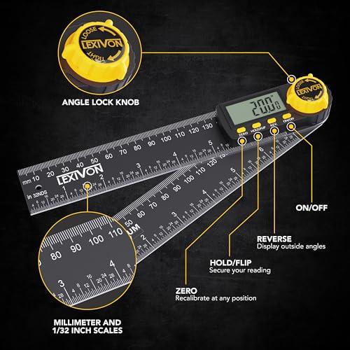 LEXIVON Aluminum Digital Angle Finder Gauge, 7-inch/180mm Multi-Purpose Protractor, Includes XL Display and Rugged Zippered Pouch (LX-DAF7) - size: 7 Inch