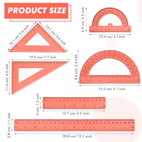 Tenare 6 Pcs Math Geometry Ruler Straight Protractor Triangle, Orange - color: Orange