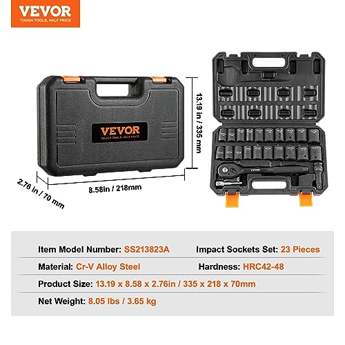 VEVOR 1/2" Drive Impact Socket Set, 23 Piece Socket Set SAE （7/16" -1"）& Metric （13-24mm）6 Point Cr-V Alloy Steel for Auto Repair with Ratchet Handle Rugged Construction Storage Case - size: 1/2" 23 PCS