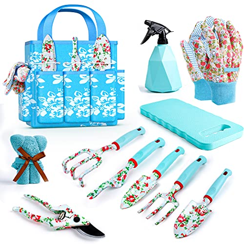 Womens Gardening Gifts Set - Floral Gardening Tools with Tote Bag - Gifts for Mom, Girlfriend or Women - Birthday, Christmas (Blue) - color: Blue