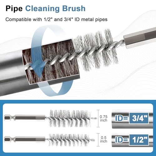 1/2" & 3/4" Copper Pipe Cleaner Set for Drill, with 1/4" Hex Shank & 6 Brush Blades & 2 Pipe Cleaning Brush, Plumbing Tools for Removing Rust, Stains & Paint from Copper & Metal Pipes, Blue - color: Blue