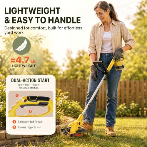 ALSO GO 21V Cordless Weed Wacker,12 Inch String Trimmer with Auto Line Feed - color: Pale Yellow