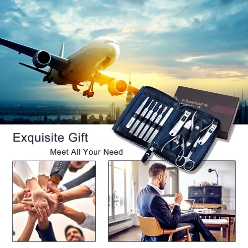 FAMILIFE Stainless Steel Manicure Set 11-in-1 Professional Nail Clipper Kit | Portable Leather Travel Case, Pedicure & Grooming Tools for Fingernails & Toenails, Luxury Gift for Men & Women, Navy Blue - color: Navy Blue