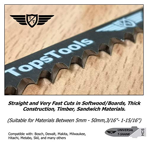 TopsTools 25pcs JSTT144D_5 100mm T144D Jigsaw Blades for Wood Long Life