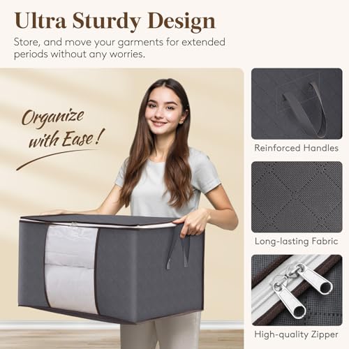 Lifewit 6 Pack Clothes Storage Bins with Lids, Foldable Blanket Storage Bags with Zippers, Clear Window and Reinforced Handles, Closet and Organization for Clothing, Sweater, Comforter, Bedding - size: 60L