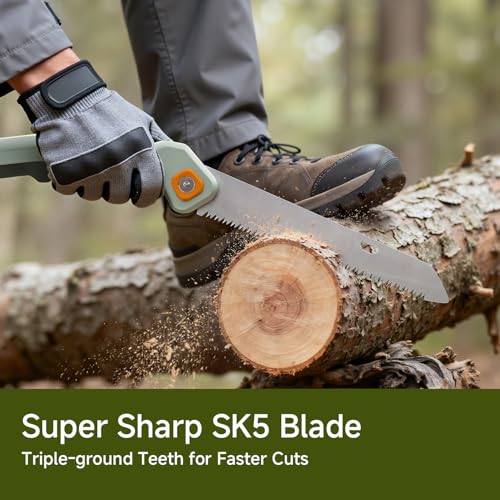 PrunePro® Folding Pruning Saw, 9.5 Inch Super Sharp SK5 Triple-Cut Blade, 3 Adjustable Cutting Angles, Ergonomic Non-Slip Grip, Lightweight, Portable Hand Saw for Tree Trimming, Camping, Gardening