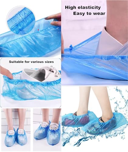 200 Pack Shoe Covers Disposable Non Slip, Premium Waterproof and Recyclable Shoe Booties Covers for Indoors, Fits Up To 11 US Men and 13 US Women Size, 100 Pairs Elastic Caps Plastic Shoe Covers Blue.