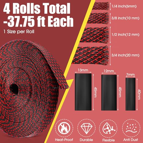Tatuo 151 ft Braided Cable Sleeve Expandable Wire Sheathing(Red, Black) - color: Red, Black, size: 151 ft