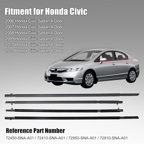 Window Molding Trim for 2006-2011 Honda Civic 4-Door Sedan | 4PCS Black Rubber Weatherstrip Seals, Replaces #72450-SNA-A01, High-rebound Buckle Design, Built-in Metal Layer - size: 2006-2011 Honda Civic