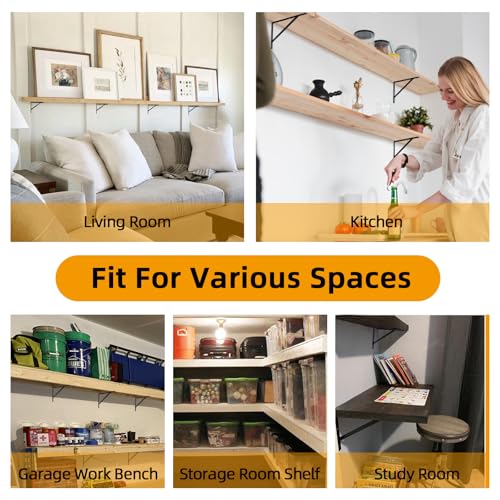 Heavy Duty Shelf Brackets 12 x 8 inch, 6 Pack Wall Shelf Brackets with 90 Degree Triangle, Black Metal L Brackets, Shelves L Brackets(300x190mm)