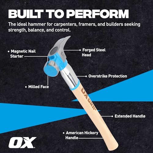 OX Pro Framing Hammer 22 oz Milled Face with Curved Hickory Wood Handle Hammer with Steel Overstrike Protection - Martillos De Carpintero - style: 22-oz Hammer + Steel Shaft