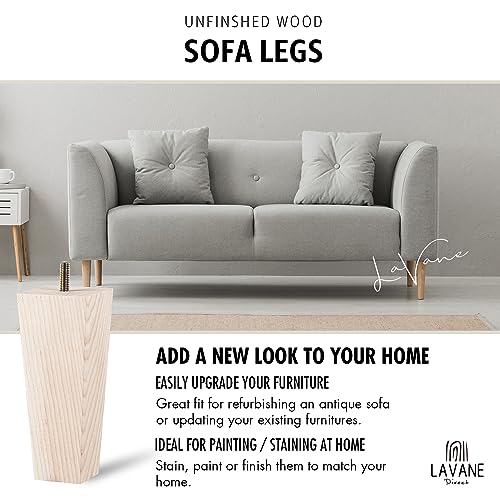 4 inch Unfinished Ash Wood Furniture Legs, LAVANE Set of 4 Mid-Century Modern Pyramid Wooden Replacement Feet with Pre-Drilled 5/16 Inch Bolt & Mounting Plate for Sofa Couch Bed Armchair Ottoman | Unfinished Ash Wood with Straight Grain, 400lb Load Capaci
