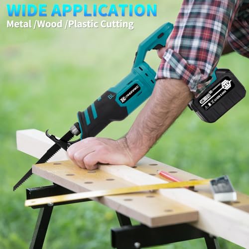 Cordless Rotated Handle Reciprocating Saw, 2 x 6.0Ah Battery, 12Pcs Blades, 28MM Stroke, 180° Cutting Angle, Wood/Metal/PVC