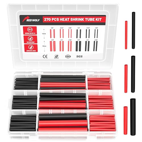 RED WOLF Waterproof Red and Black Heat Shrink Tubing Kit 270PCS, 3:1 Shrinkage Ratio, Adhesive Lined Electrical Cable Harness Heat Shrink Tube Marine Grade for Wire Wrap Connection Insulation