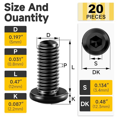 Mywish M5 x 12mm 20Pcs Flat Head Hex Socket Cap Screws Bolts, 304 Stainless Steel Furniture Bolts Full Thread, Black Oxide & Hex Spanner - color: Black-M5, size: 12mm