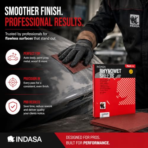 INDASA Rhynowet Red Line Wet Dry Sanding Sheets 9 x 11 Inch 1200 Grit Waterproof Latex Backing Abrasive Paper for Wood Metal Automotive Surface Prep Pack of 50 - size: 1200-Grit 9"x11"