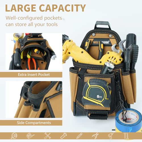 MELOTOUGH Small Electrician Tool Pouch With Belt Clip Attachment - 9 Pockets Tradesman Bag With Tape Thong - Holster for Electricians - color: Khaki Electrician Tool Pouch
