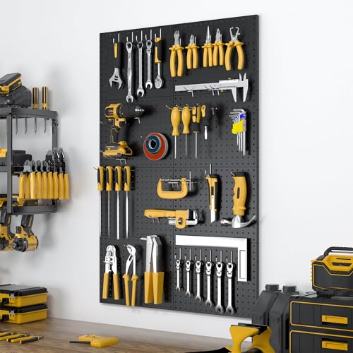 Spampur Peg Board, 8 Pack Metal Pegboard Panels with 50 Hooks - color: Black, size: 16x12"- 8 Pcs
