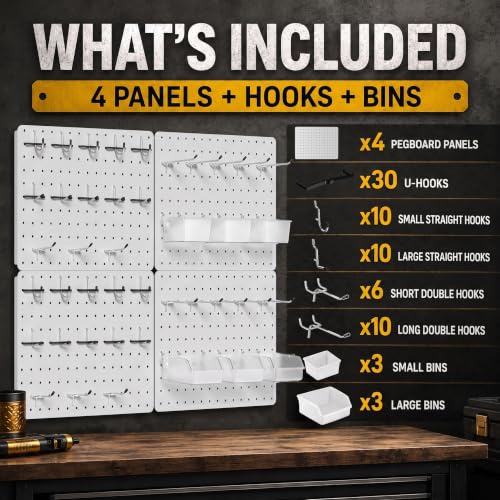 Pegboard Organizer Kit,4 Pack 14.76x10.82 in Metal Panels with 6 Bins,White - color: White, size: 14.76"x10.82"- 4 Pcs