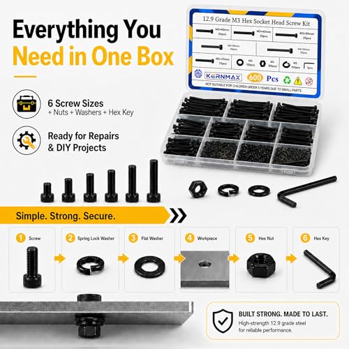 600PCS M3x25/30/35/40/45/50mm Hex Socket Head Cap Screws, Nuts & Washers Kit, Fully Threaded Long Bolts, 12.9 Grade Alloy Steel, Black Oxide, M3 Machine Screws for Furniture & Repairs - size: M3 600pcs