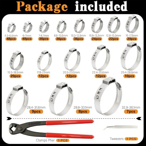 360Pcs Single Ear Hose Clamps Kit,Stepless 5.3-36.1mm 304 Stainless Steel Hose Repair Clamp Cinch Rings,Ear Clamp Pliers Tool with Portable Toolbox for Automotive Fuel Line Plumbing PEX DIY - size: 360 PCS 16 Size