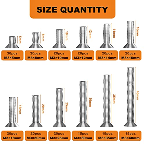 M3 Phillips Flat Head Machine Screws,304 Stainless Steel Countersunk Fasteners Bolts Assortment Kit M3 x 5mm/8mm/10mm/12mm/14mm/16mm/18mm/20mm/25mm/30mm/35mm/40mm