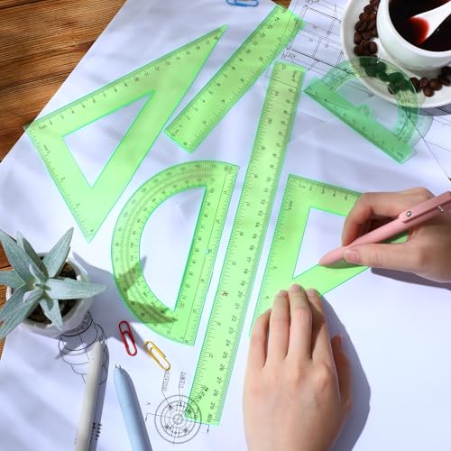 Tenare 6 Pcs Math Geometry Ruler Straight Protractor Triangle, Green - color: Green