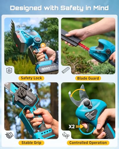 SEESII 4-in-1 Electric Mini Chainsaw, Battery Hedge Trimmer & Pruner Combo - color: Royal Blue