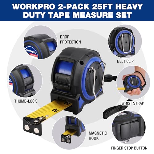 WORKPRO 16FT Tape Measure, 2 Pcs Heavy Duty Retractable Tape Measurement - color: Blue, size: 16FT