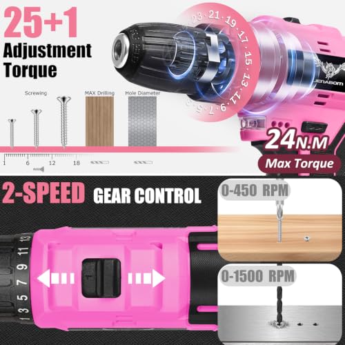 JENABOM Drill Set, 151-Piece Home Tool Set with 12V Pink Cordless Drill - color: Pink