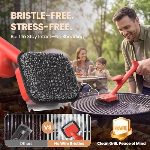 ThermoMaven Bristle-Free BBQ Grill Brush - No Wire Risk Steam Cleaner Removes Burnt Grease Fast - 17" Cool-Touch Handle, Scraper & 3 Replaceable Heads for Gas, Charcoal & Cast Iron - size: Red 3pcs-Small