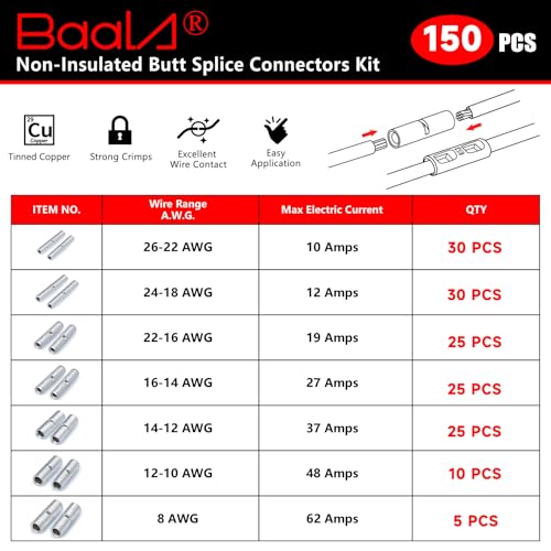 BAALA 150 PCS Non Insulated Butt Connectors Kit,26-8 Gauge Butt Splice Connector Crimp Barrel Splice Connectors, Tinned Copper Marine Grade Seamless Uninsulated Butt Terminals - color: Tinned Copper