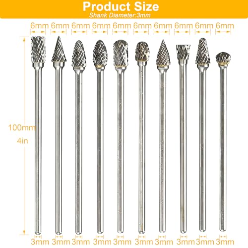 10PCS Long Carbide Burrs Set with 1/8" Shank Total L 4" Rotary Tool Accessories for Dremel, Double Cut Tungsten Carbide Rotary Files for Metal Wood Aluminum Engraving Drilling - size: 3x6mm