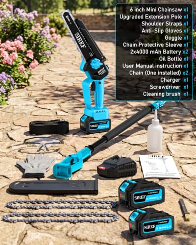 2-in-1 Electric Pole Saw 6inch Mini Chainsaw Cordless Brushless 2x4.0Ah Batteries Fast Charger Telescopic Power Pole Saw Tree Trimmer Limb Branch Cutter Pruner 16 Ft Max Reach Multi-Angle Blue - color: Blue-2 Batteries