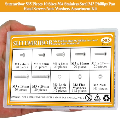 565 Pieces M3 Machine Screws Nuts Washers Set, Sutemribor M3 x 4/6/8/10/12/16/20mm Phillips Pan Head Machine Screws Nuts Washers Assortment Kit, 304 Stainless Steel, Fully Threaded - size: M3, style: Phillips Pan Head