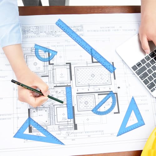 Plastic Clear Ruler Math Set, 6" | 12" Straight Ruler Protractor, 2 Protractors 180 Degree 2 Triangle Rulers 45 | 60 Degree 2 Straight Rulers Measuring Tool for School Office Home Supplie,Blue - color: Blue