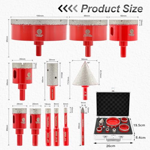 Diamond Core Drill Bit Set - FOCSTOL 12pcs (6/8/10/20/25/35/50/68/100mm+20mm Finger Milling Bit+50mm Beveling Chamfer Bit+6mm Carbide Drill) Hole Saw Kit for Porcelain Ceramic Tile Marble Granite - size: KIT11