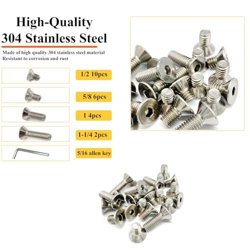 22pcs 5/16-18 4 Sizes Countersunk Head Screws, Flat Socket Head Cap Screws Assortment Kit with Allen Keys, 304 Stainless Steel Socket Cap Bolts Flat Countersunk Head Machine Screws - size: 304-4Size-5/16-22P