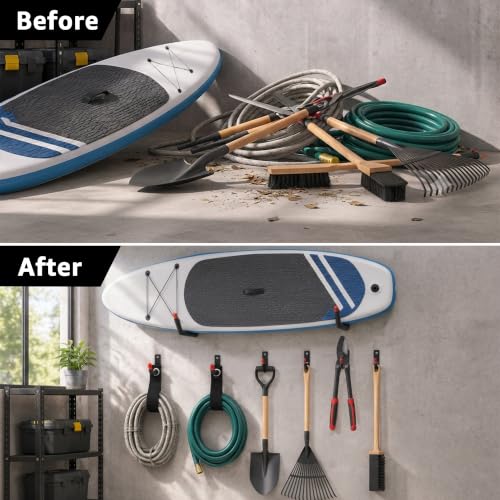 12-Piece Heavy Duty Garage Storage Hooks - 2x15” Jumbo Wall Hooks with Extended EVA Foam Padding (120 LB Capacity) + 4x3.5” Utility Hooks & 6 Storage Straps for Kayak, Paddleboard, Bike & Ladder