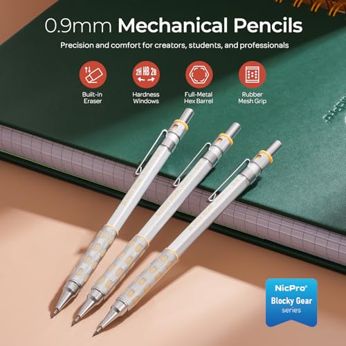 Nicpro Blocky Gear 0.9 mm Mechanical Pencils Set in Case, 3 Pack - style: 0.9mm