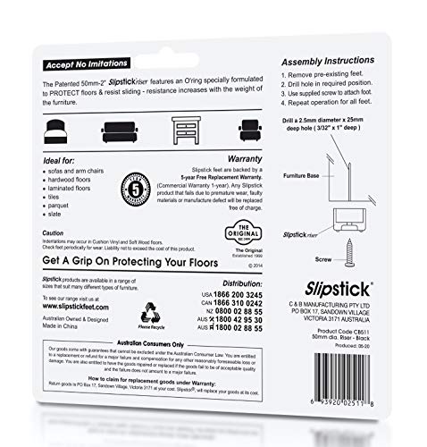 Slipstick CB511 1 Inch Tall Floor Protector Furniture Feet with Non Slip Rubber Grip (Set of 4) 2" Wide x 1" Height - Black Plastic - size: 1" Tall (4 Pack)