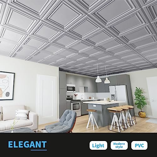 Art3d Paintable 3D Ceiling Tiles, 2 x 2 ft, 13-Pack, Argent Silver - color: Brushed Silver, size: 24"x24"
