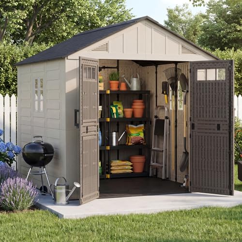 Aoxun 8x8 Ft Outdoor Storage Shed with Floor, Large Resin Outdoor Shed with Lockable Door & Windows, Garden HDPE Sheds for Lawn Tools, Pool Supplies & Bikes - size: 8x8