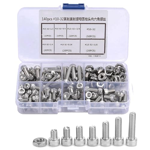 140PCS #10-32 Screws Assortment Kit, 5/16 1/4 5/8 3/8 3/4 1/2 Hex Socket Head Bolts, Nuts & Washers Assorted Set, Hex Socket Head Cap Screws Bolts Nuts Washer Kit, 304 Stainless Steel