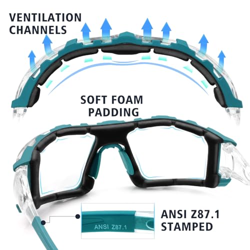 UKNOW Safety Glasses - Anti Fog Wraparound Lenses - Removable Foam Gasket - ANSI Z87.1 Protective Eyewear - Impact Resistant - color: Teal