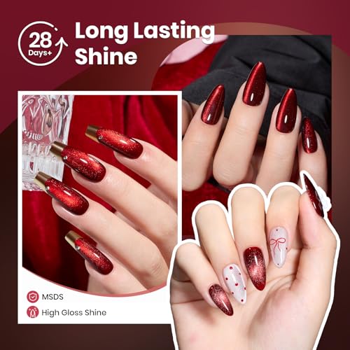 Beetles Red Cat Eye Gel Nail Polish Set, 6 Colors Glitter Red Gel Polish - color: A - Cat Eye | Sultry Burgundy